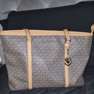 Michael Kors Brown MK Signature Tote with Tan Trim and Gold Charm